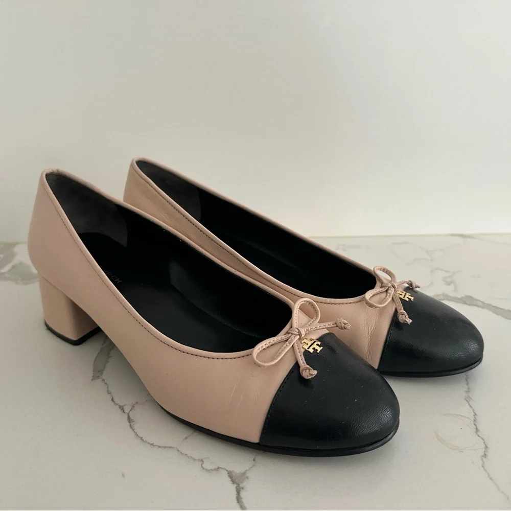 Tory Burch Two-Tone Blush Pink and Black Block Heel Flats